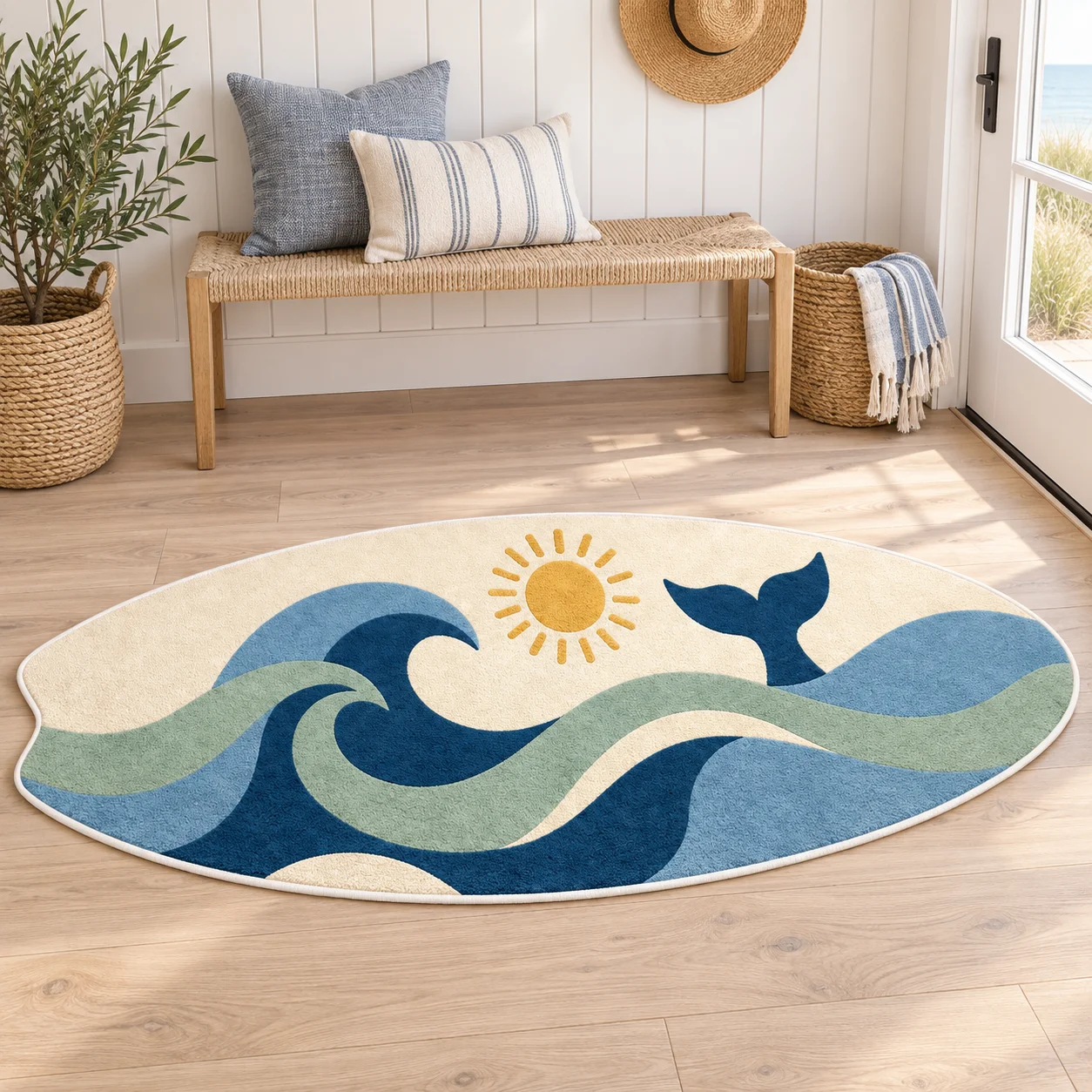 Ocean Waves Surfboard Shaped Area Rug, Coastal Floor Mat for Bathroom Bedroom Living Room, Beach House Coastal Home Decor Gift