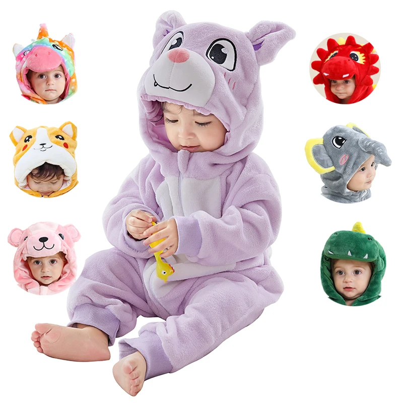 Kawaii Rompers Baby Girl Purple Kigurumi Bat Winter Baby Clothes Flannel Soft Warm Thicke Toddler Kids Onesie 0 to 1 2 3 4 Years