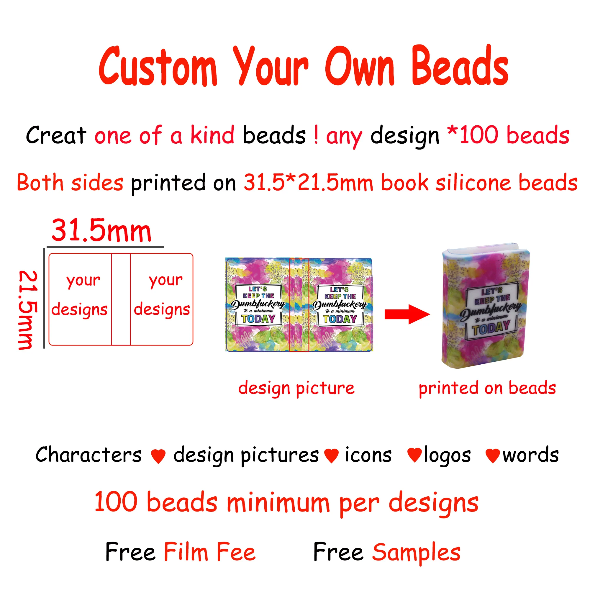 Custom Design Book Notebook Printed Silicone Beads Round Heart Colorful Pattern Personalized Printing Your Own Bead With Picture