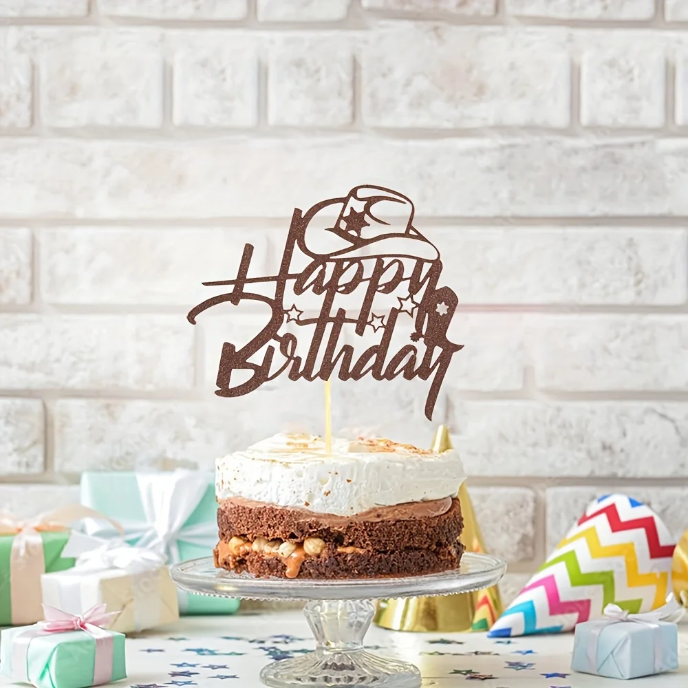 Brauner Glitzer Happy Birthday Tortenaufsatz, Western-Themen-Partydekoration für Männer und Frauen, Cowboy-Themen Geburtstagszubehör – Detail 5