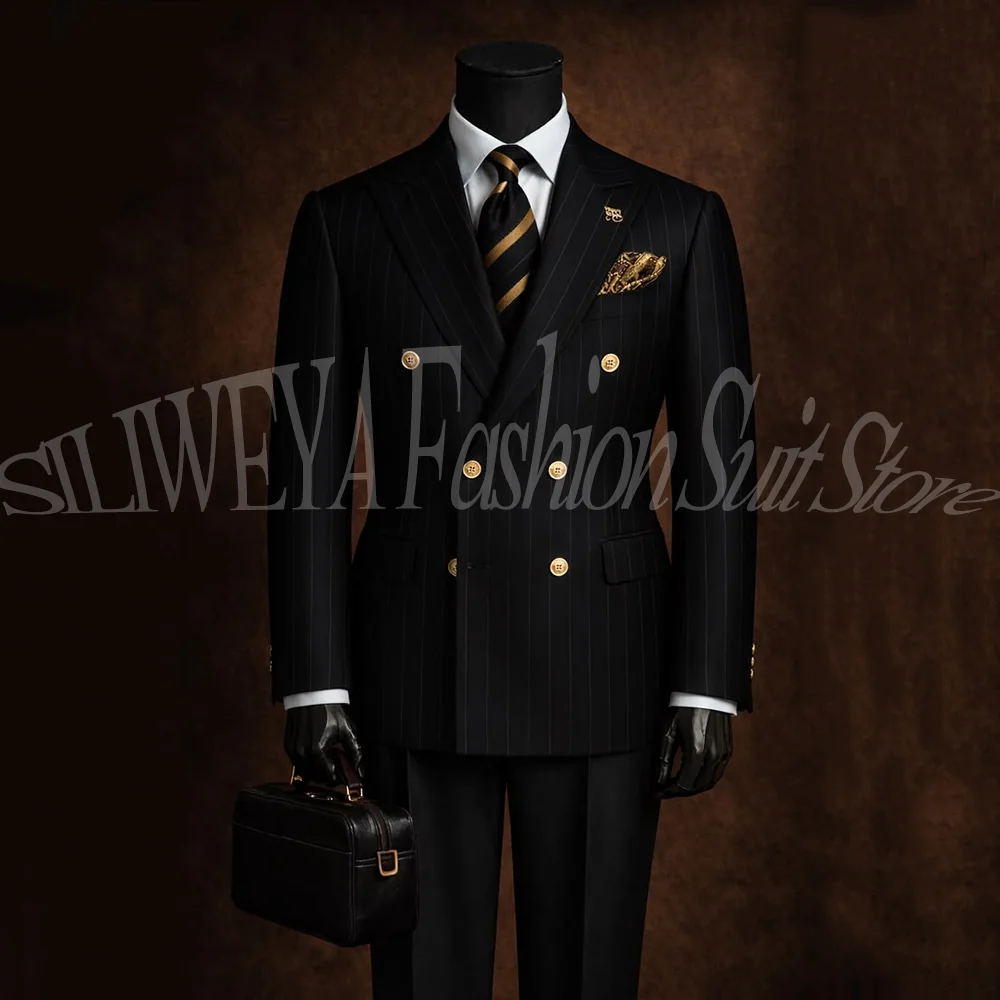 

Роскошный черный костюм в полоску для мужчин, двубортный, для свадьбы, смокинг для жениха, 2 предмета: пиджак и брюки, приталенный крой, для официальных мероприятий и бизнеса, комплект-блейзер