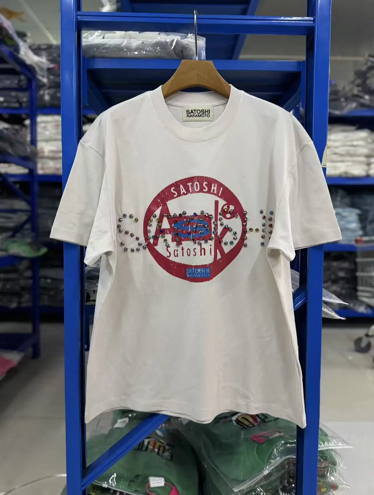 New Men Washed Satoshi Nakamoto Rhinestone T Shirts T-Shirt Hip Hop Skateboard Street Cotton T-Shirts Tee Top US size a56
