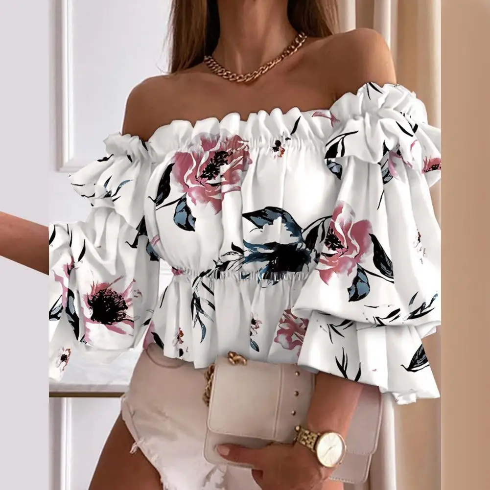 Elegant Sexy Summer Top Flare Sleeve Off Shoulder Flounce Shirt Floral Printed Light Shirt for Daily Wear