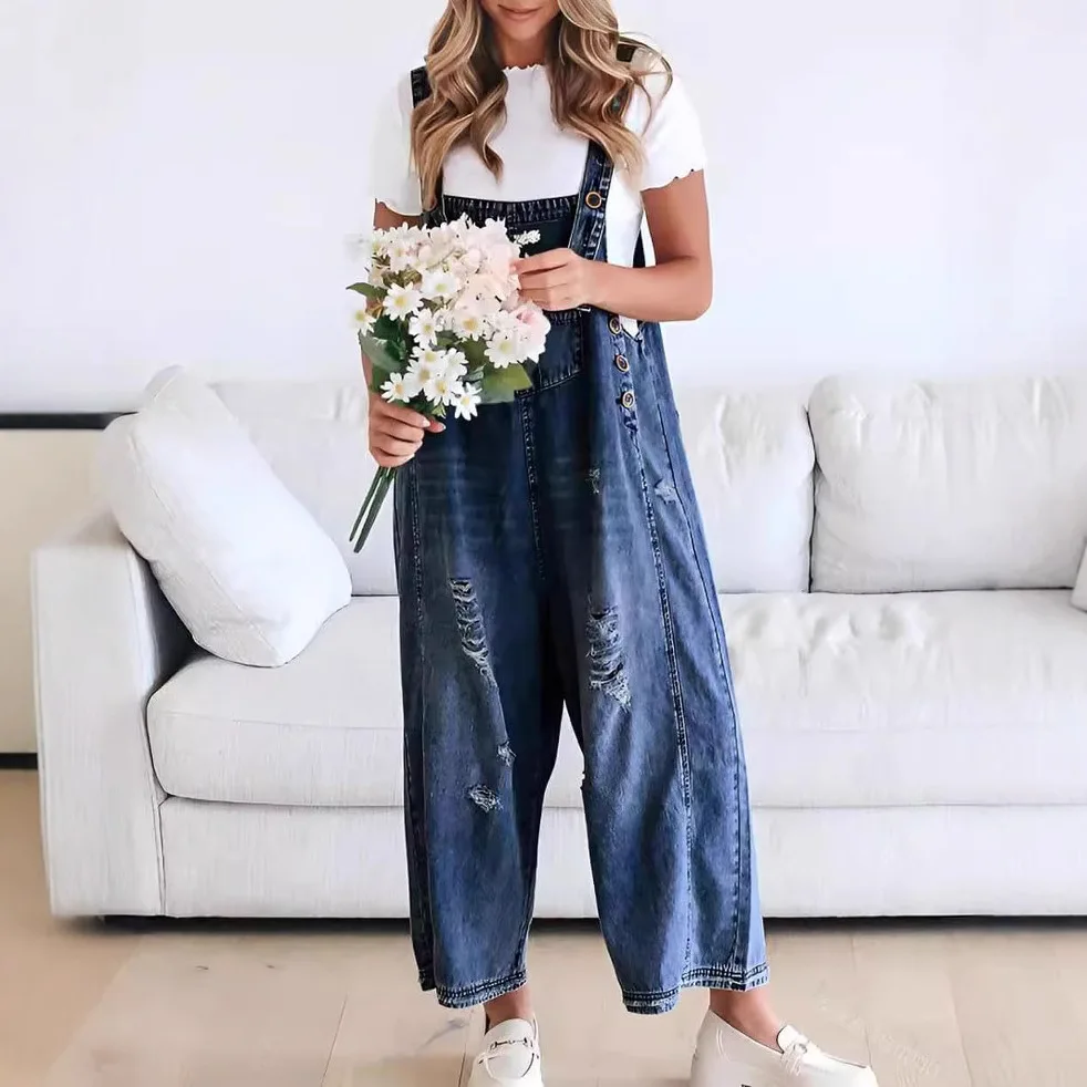 

Summer Ladies Strap Dungaree Harem Trousers With Pockets Overalls Ropa Mujer Fashion Women Casual Loose Solid Jeans Jumpsuit