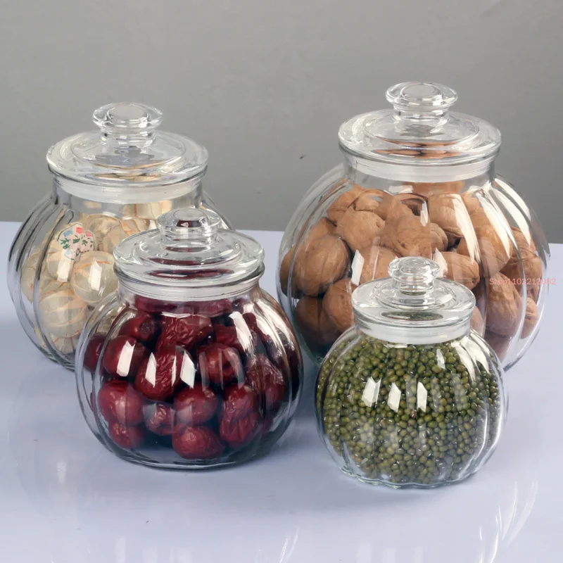 

Vertical Pattern Glass Sealed Jar Candy Pumpkin-shaped Tea Tin Moisture-proof Storage Bottle Honey Lemon