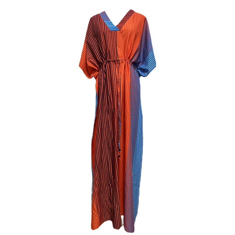 Neon Rainbow Color Striped Maxi Dress Women Vestidos scollo a v Boho Summer Kaftan Fit vita contrasto illusion Fancy Beach Cover Ups