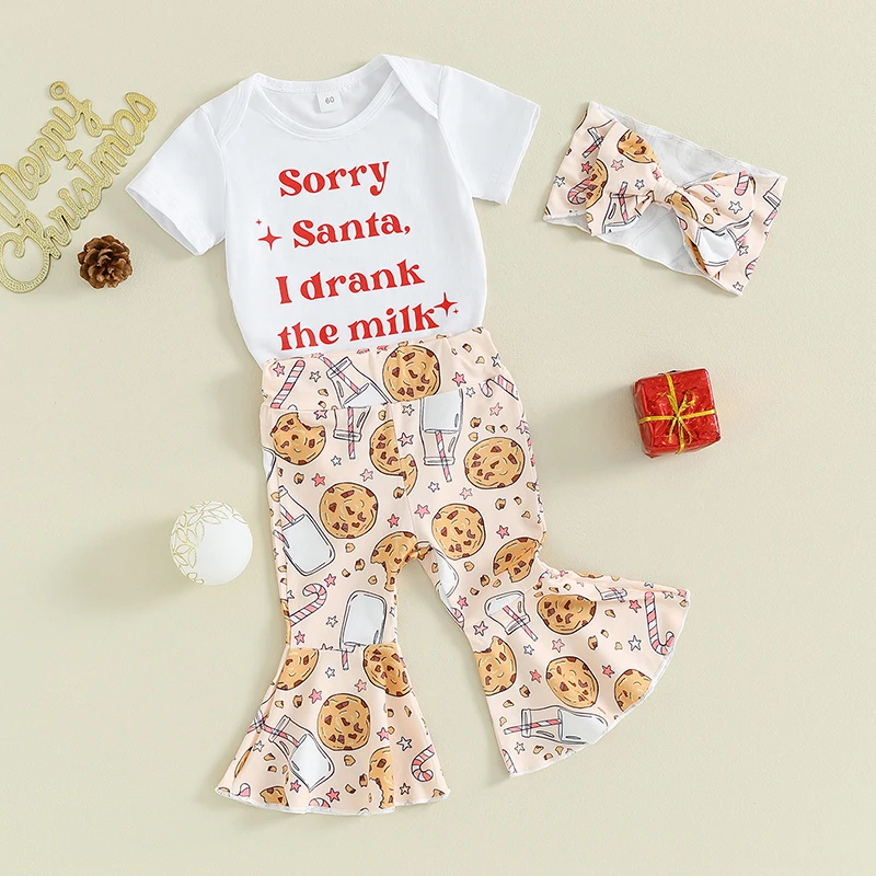 

Christmas Baby Girl Outfit with Letter Print Romper Short Sleeve Top Cartoon Flare Pants and Bow Headband - Festive Holiday