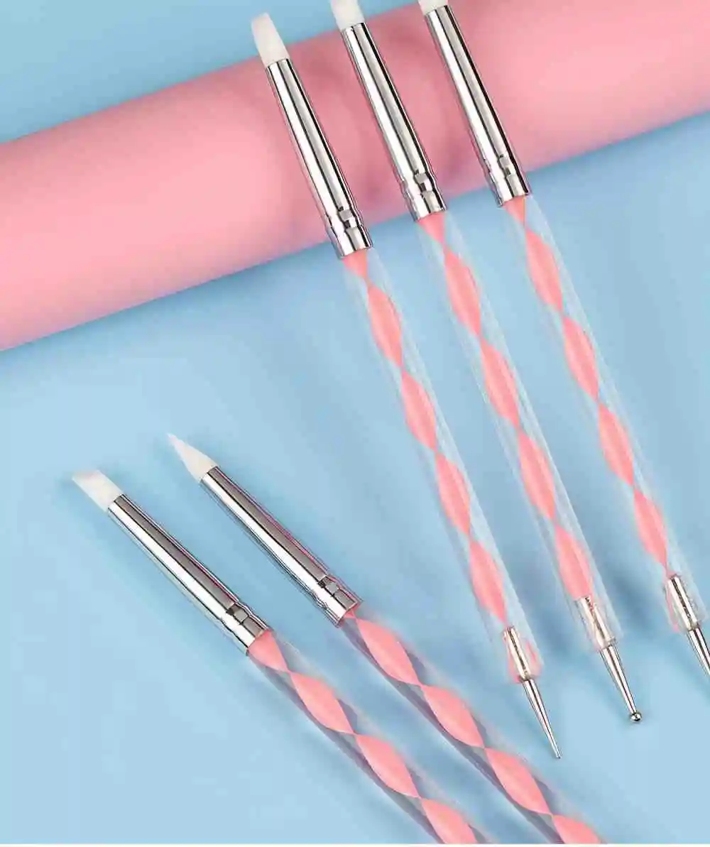 Multifunctional UV Gel Polish Dotting Brush Professional Nail Art Dotting And Carving Pen Set Soft Silicone Tips Rhinestone Pen