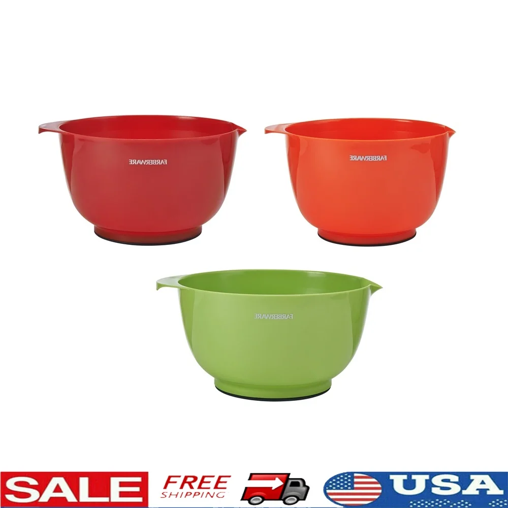 

Set of 3 Plastic Mixing Bowls with Non-Slip Base Pour Spout Dishwasher Safe Nesting Design Easy Storage