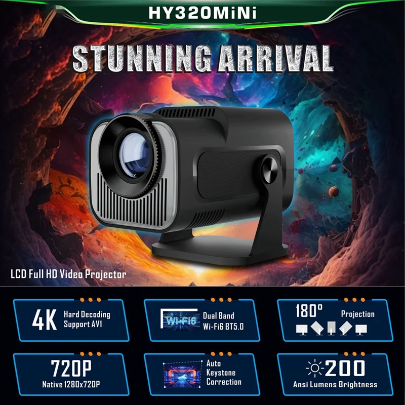 

HY320 Мини-проектор Native 720P Android 11 200ANSI Wi-Fi6 BT5.0 Кино Открытый Портативный 180 ° Поворотный проектор