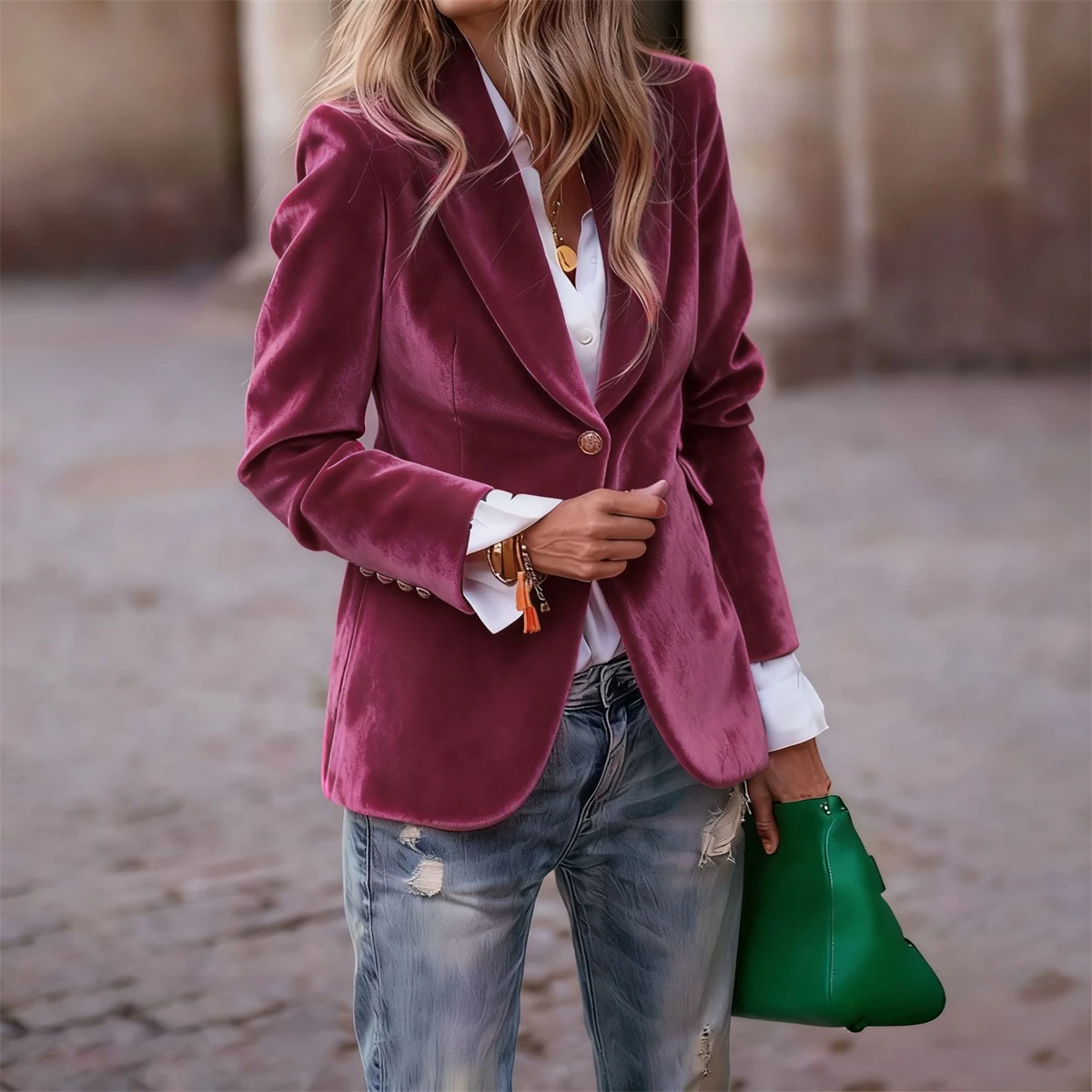 2025 Women Velvet Blazer Suit Single Button Lapel Female Elegant Blazers Jacket Overcoat Outwears Slim Fit Office Lady Outerwear
