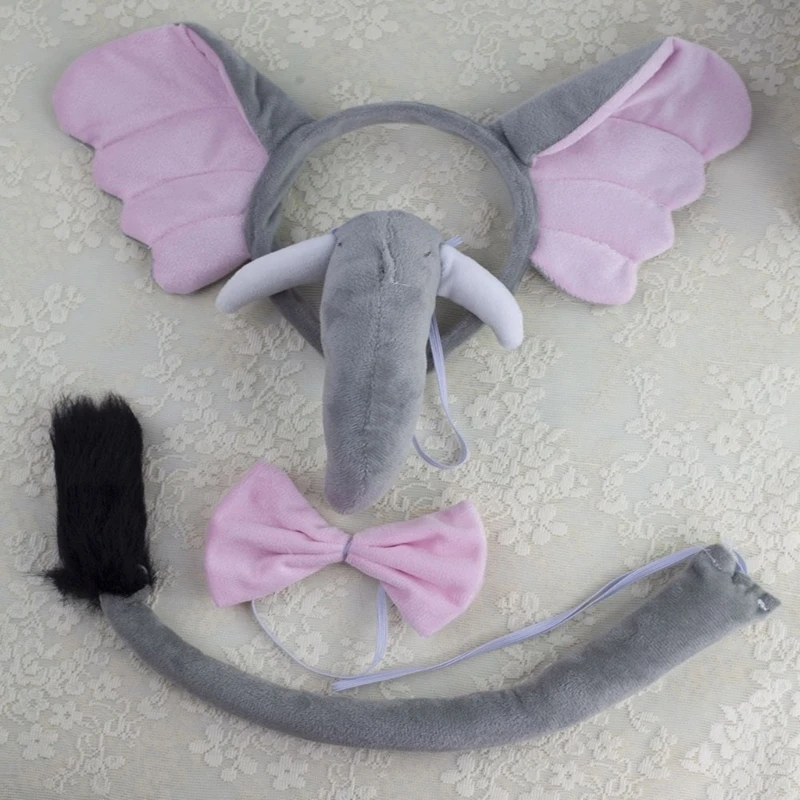 Kids Animal Costume Elephant Ear Headbands Bowtie Tail Nose Glove 4/5/6
