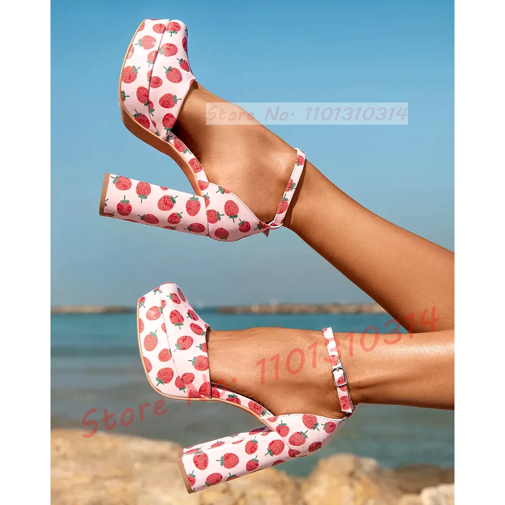 Fruit Print Platform Sandals Women Sweet High Block Heels Round Tip Shoes Summer Hot Light Pink Ladies Ankle Strap Newest Shoes