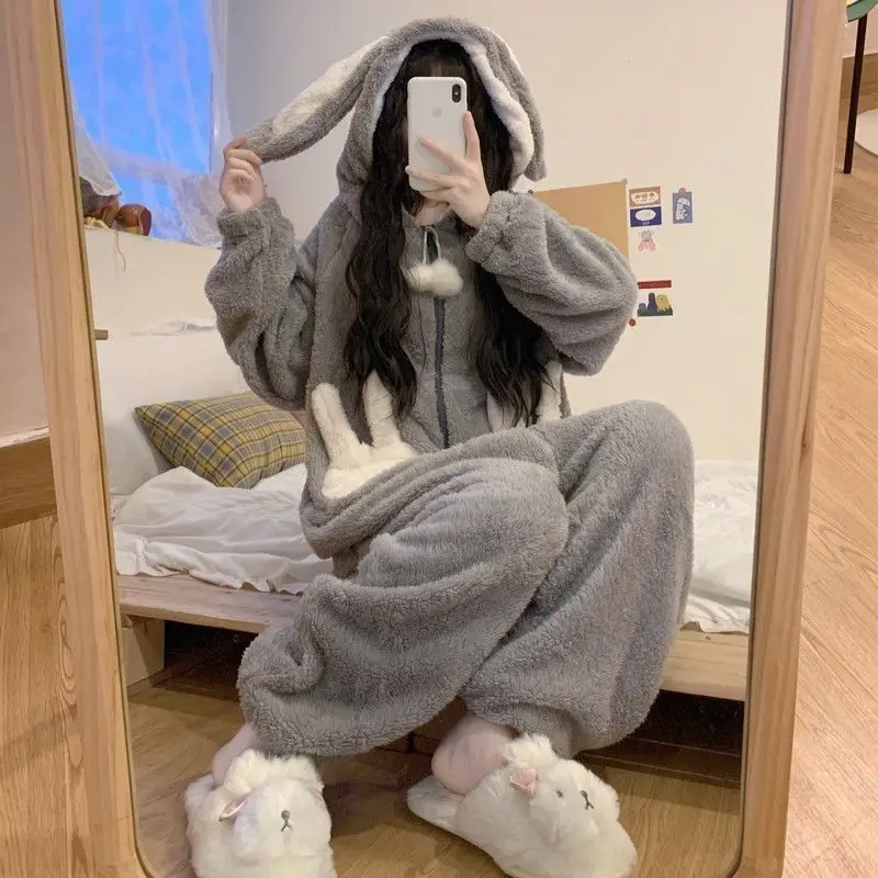 Thickened Coral Fleece Hooded Jumpsuit Pajamas Sleepwear Cute Cartoon Nightwear Pijamas Suit Winter Warm Flannel Home Wear