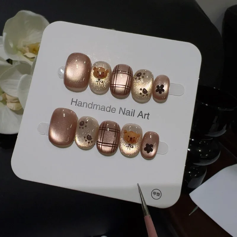 

10pcs Handmade Short False Nails with Glue Autumn Cat Eye Fake Nails Set Kawaii Cartoon Cute Adhesive Press on Nails Acrylic