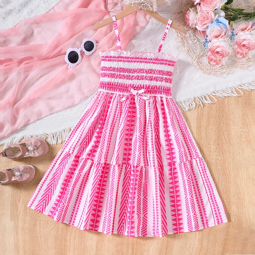 

2024 Summer New Arrival Girls Sleeveless Ruffles Ruched Pink Infantil Menina Cute Party Dress Custume 4-9T