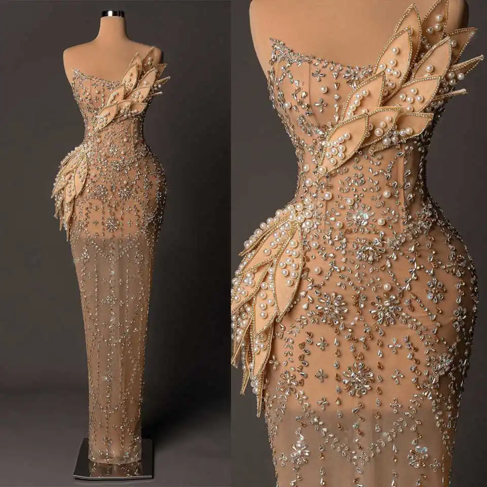

Stunning Crystal Pearls Mermaid Prom Gowns Sleeveless Beadeds Wedding Party Dresses Couture Celebrity Customized Vestido De Gala