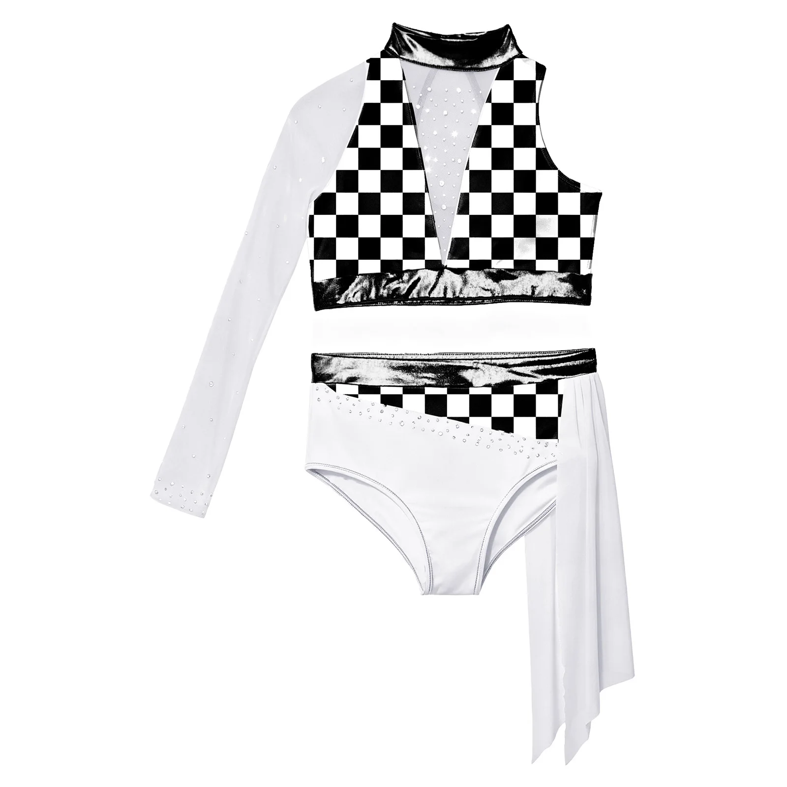 Kids Girls Ballet Gymnastics Skating Acrobatics Jazz Dance Outfit Shiny Rhinestone Sheer Mesh Crop Tops with Bottoms Dancewear