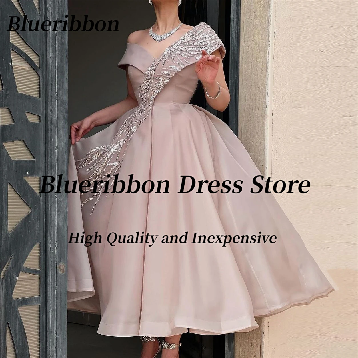 Blueribbon Ankle Length Prom Dresses Off Shoulder Sequins Homecoming Party Dress Zipper Back Wedding Guests Wear Bride Gowns