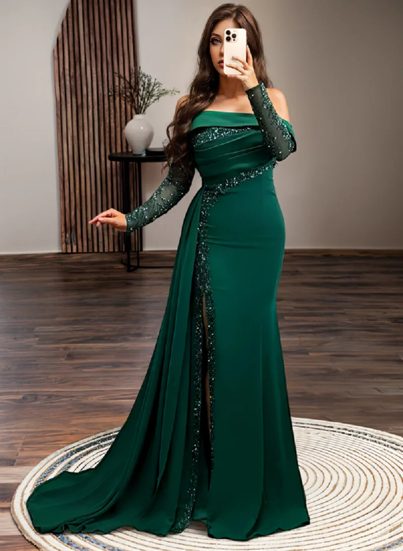 Elegante cetim verde sereia vestido de baile lantejoulas mangas lado split vestidos de noite até o chão formal vestido de baile personalizado