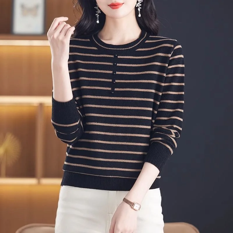 

Loose Autumn and Winter Sweater New Style High Collar Long Sleeves Bottoming Knitted Striped Top
