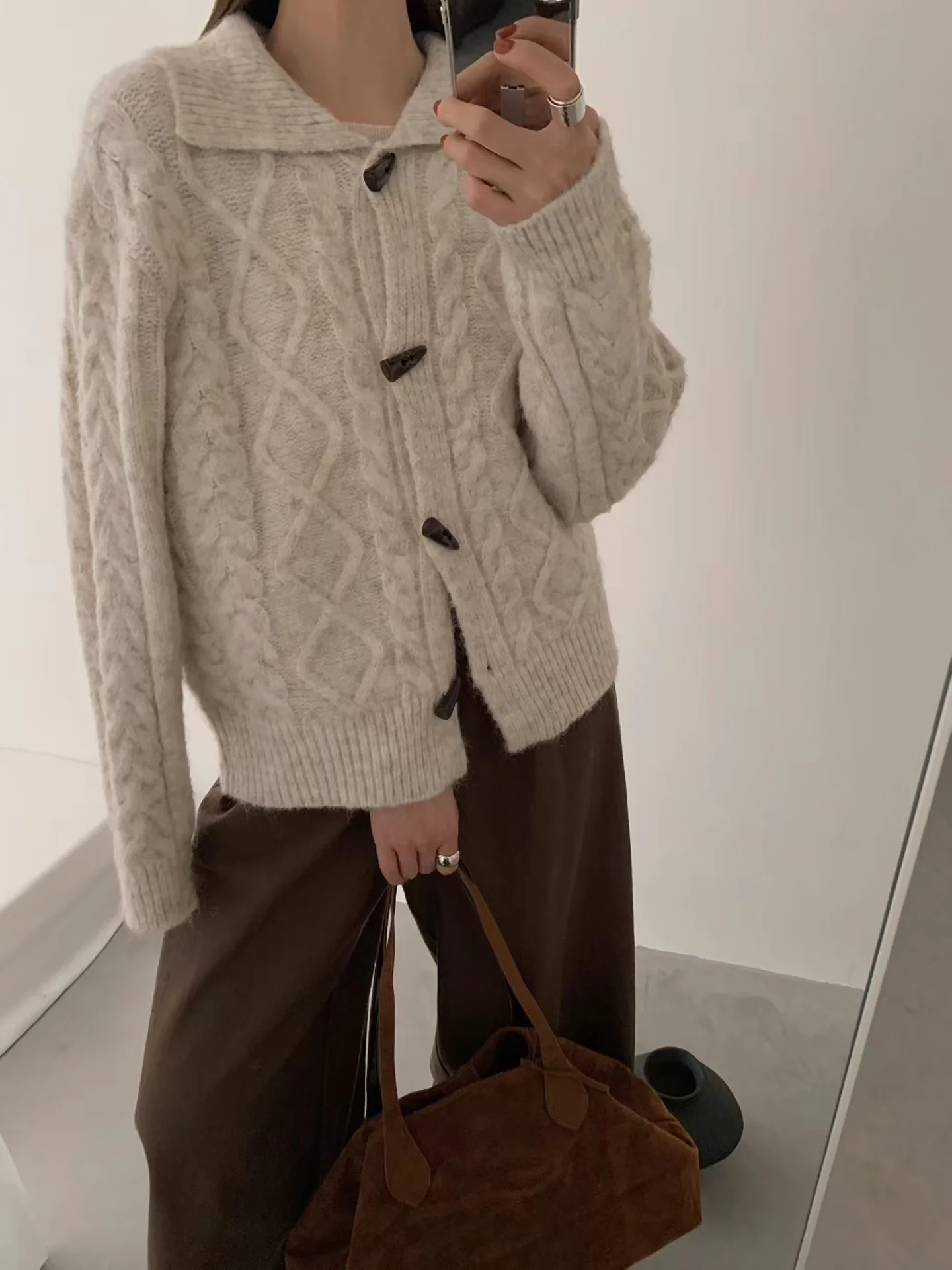 

Retro Collar Button Knitted Cardigan Women's Autumn Winter New Sle Slimming Casual Long Sve Sweater Coat Warmth Heating