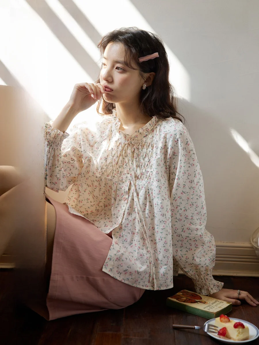 

Romantic Floral Print irt Women's Long Sve Tie Waist Design Cotton Blend Busin Casual Sle Spring Summer Collection