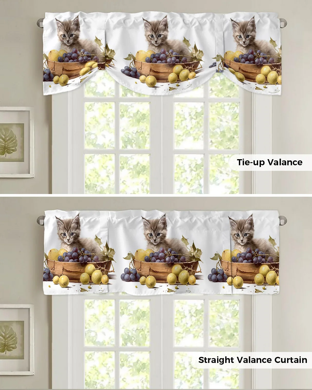 Kitten Fruit Grapes Window Curtain Living Room Kitchen Cabinet Tie-up Valance Curtain Rod Pocket Valance