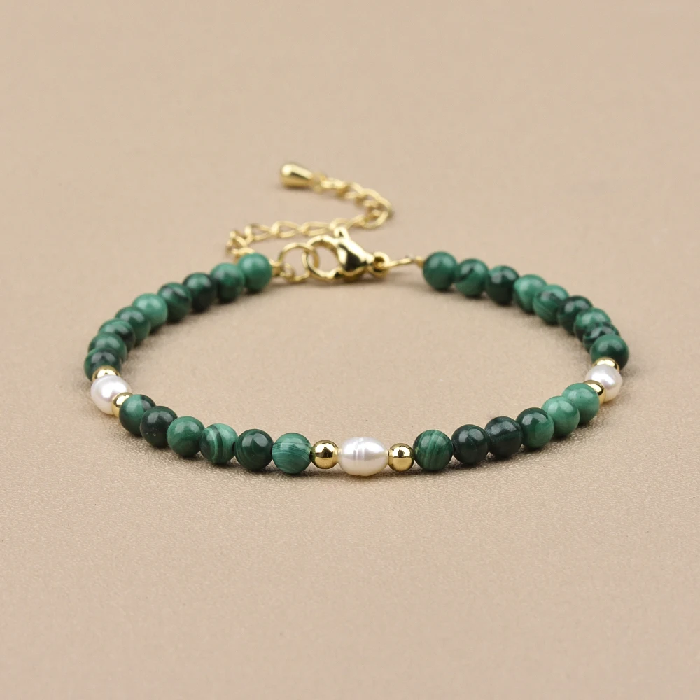 4MM Malachite Brass Beads and Freswater Pearl Bracelet Natural Stone Small Bead Bracelet Gemstone Jewelry