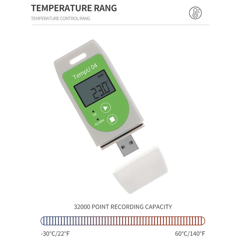 Tempu04 USB-Temperaturdatenlogger-Recorder Wiederverwendbarer TEMP-Datenlogger mit 32000 Punkten Kapazität 30 % RABATT