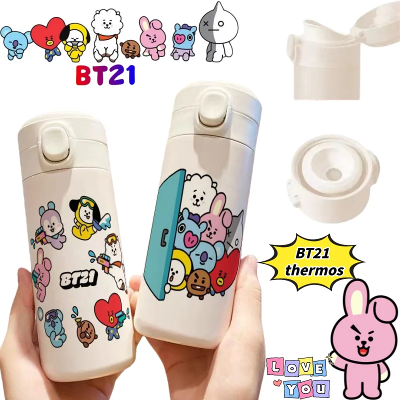 

Креативная портативная кофейная кружка из нержавеющей стали с принтом в стиле аниме BT21 Koya RJ Cooky Tata Chimmy, большой объем, стильный дизайн.