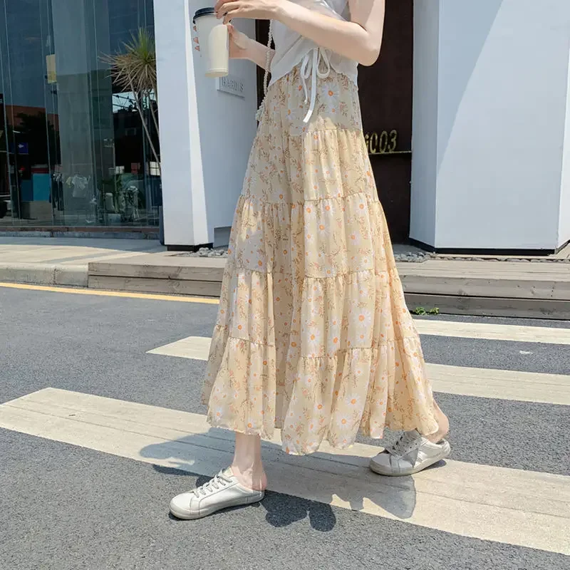 2024 Summer New High-waisted Chiffon Skirt with Daisy Floral, Slim A-line Cake Skirt