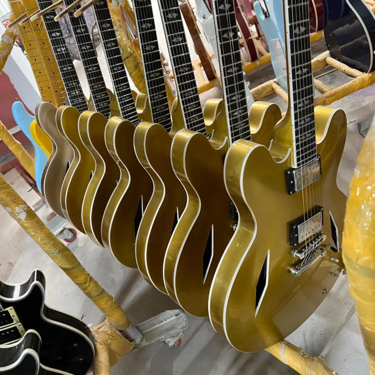Gold F Hole Semi-Hollow ES-335 Electric Guitar Metallic Gold Gloss Finish Ash Wood Body Dual Humbucker Pickups Vintage Hollow