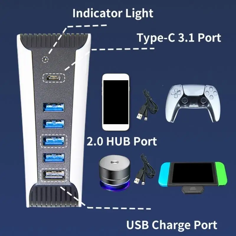 R53C USB SPLITTER HUB مع 5 USB A+1 TYPE-C PORT FOR Game Console 6 Port High Speed ​​USB HUB ADAPTER