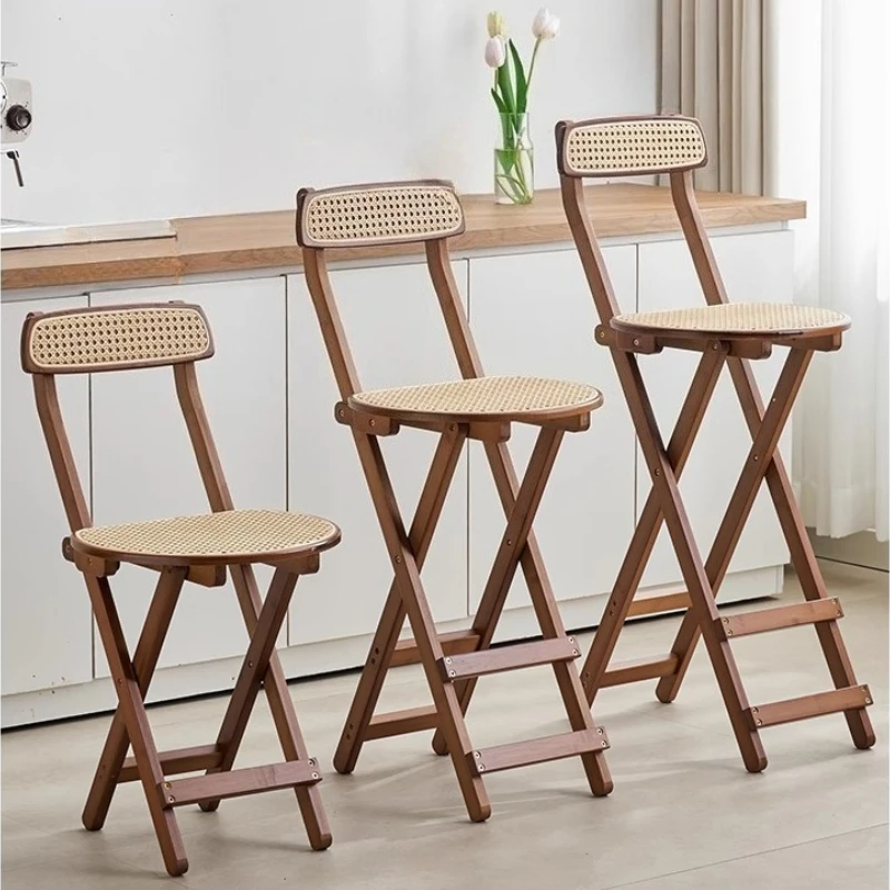 

Foldable Bar Stool Rattan Weaving Counter Chair with Backrest Bamboo Cafe Stool for Home & Coffee Shop Space-Saving Dining Seat