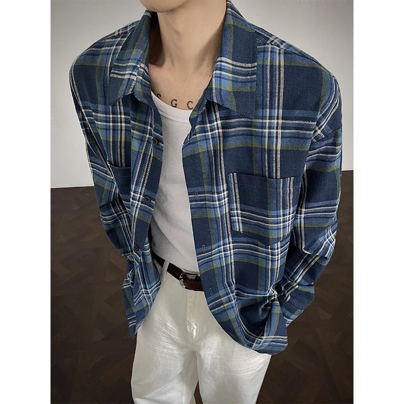 

Мужская клетчатая фланелевая куртка-рубашка - сине-белая оверсайз M-5XL из хлопковой мягкой ткани | Осенняя повседневная многослойная деталь
