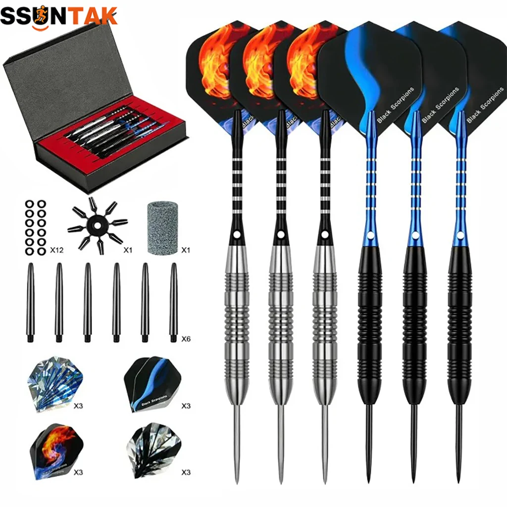 SSUNTAK 6Pcs Professional Steel Tip Darts Set Durable Aluminum Shafts Anti-drop Steel Dart Premium Gift Box for Indoor Dart Game