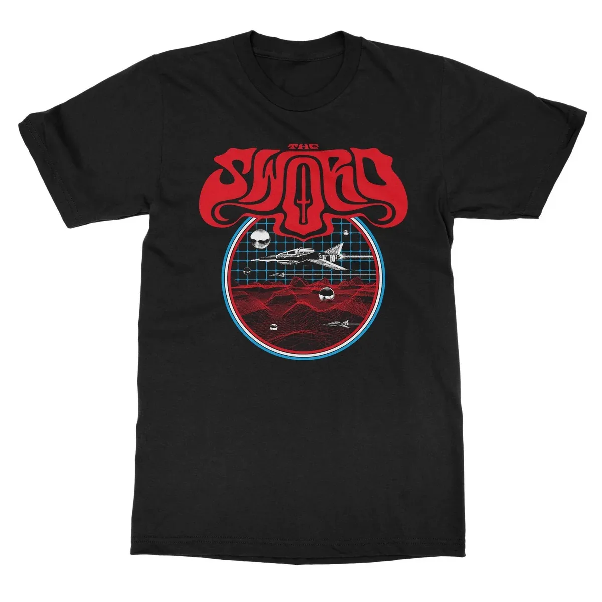 The Sword Vintage Sci Fi Spaceship Graphic T Shirt, Retro 70s Art Print with Space Planet and Grid Terrain Elements