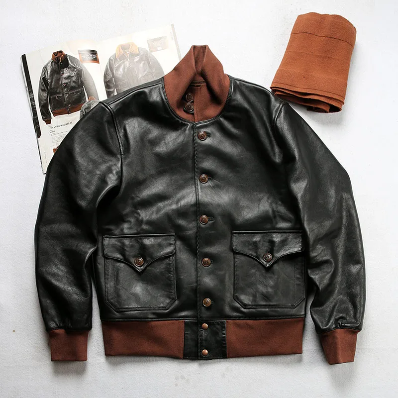 

New classic Genuine Leather Jackets Men's Vintage Pilot Knitted Collar Pocket Fashion Coat Horseskin Jackets