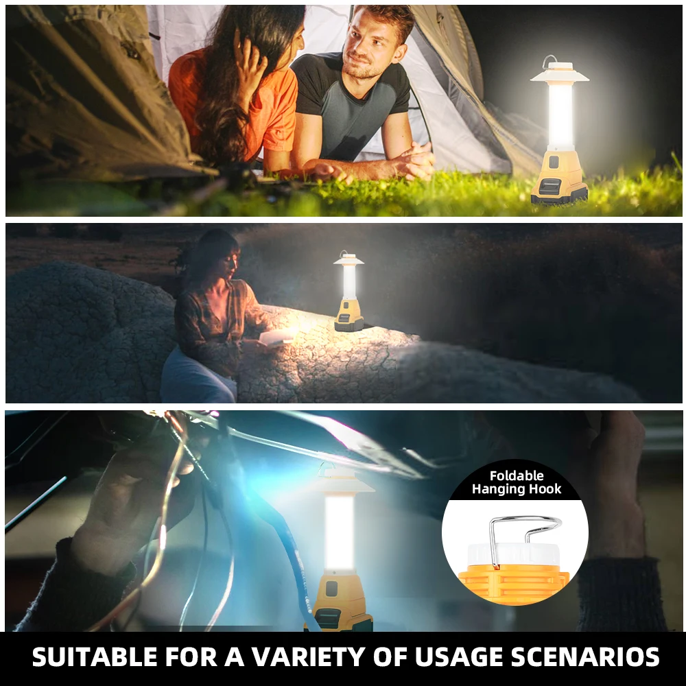 Lampu Lentera 800LM Kompatibel dengan Baterai Dewalt, Lampu Lentera Portabel untuk Berkemah di Luar Ruangan dengan Pengait, Output USB dan Tipe-C (Tanpa Baterai)