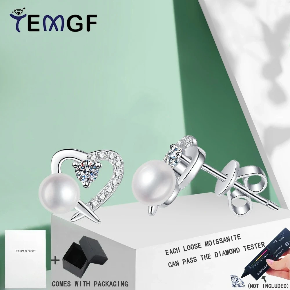 

TEMGF Couple S925 Sterling Silver Love Earrings 3mm Moissanite 5.5-6mm Freshwater Pearl Ear Studs Elegant Fine Jewelry Gifts