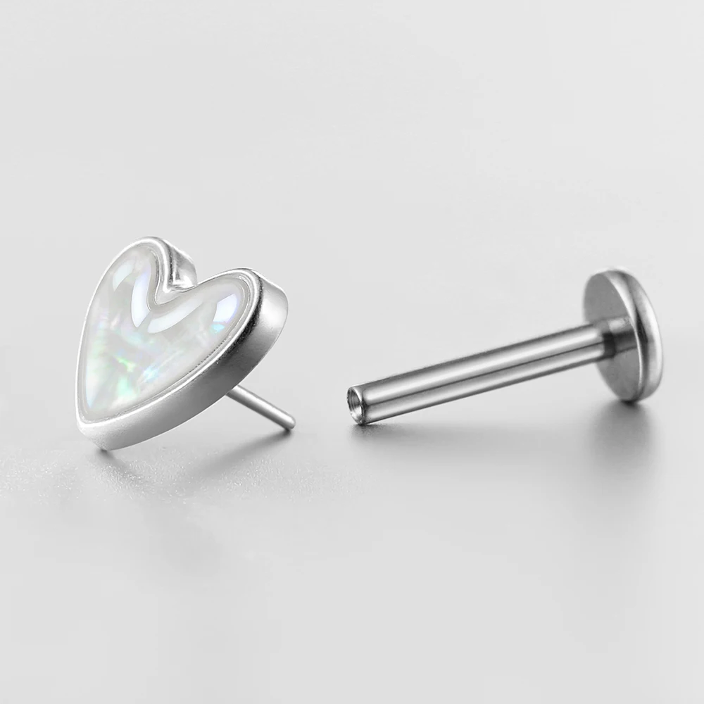 Titanium Shell Heart Flat Back Labret Piercing Studs, Body Jewelry