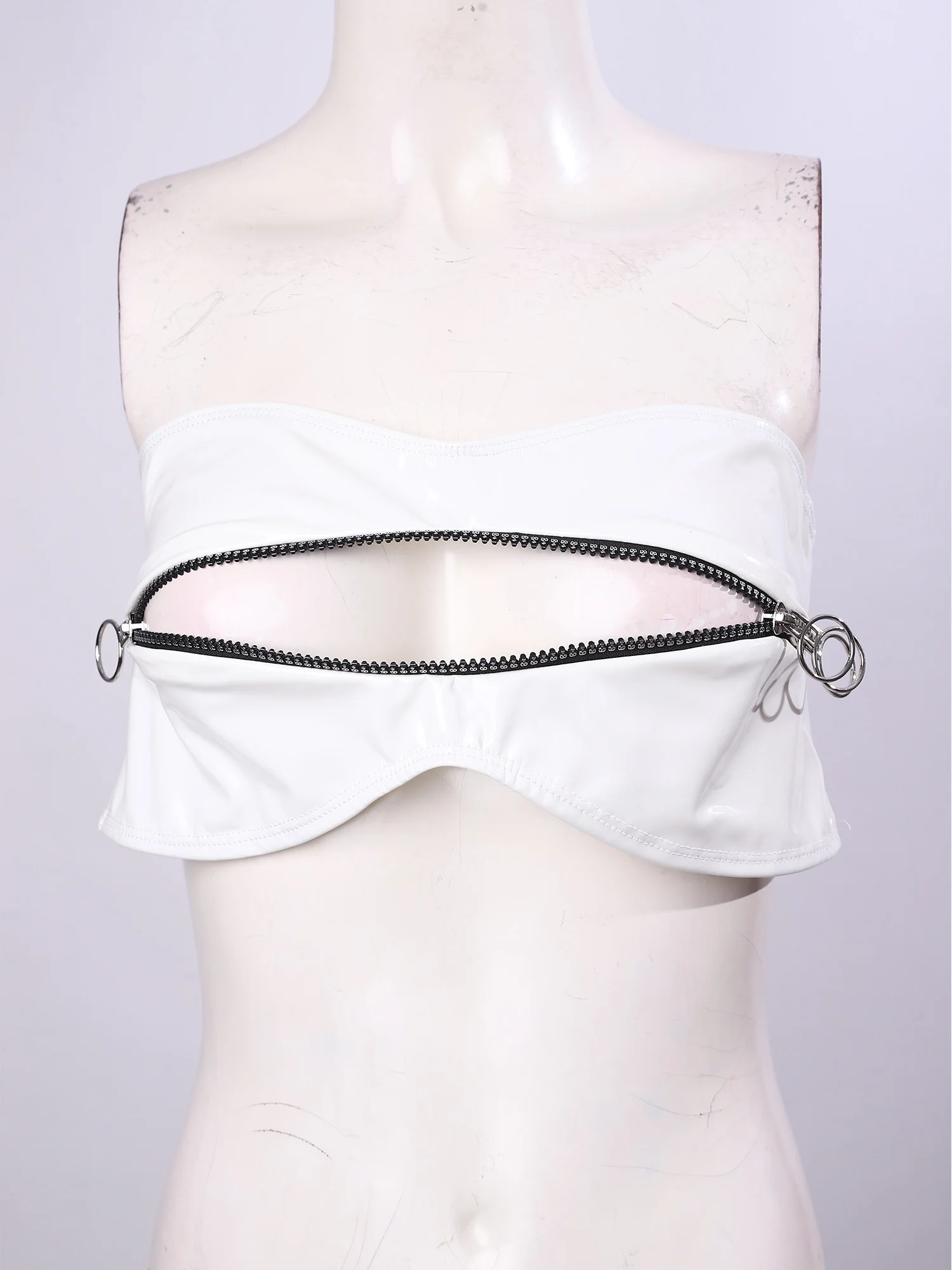 Women Glossy PU Leather Bustiers Bandeau Crop Top Strapless Zipper O-ring Tube Bra Bralette Corset for Nightclub Rave Party - view 3