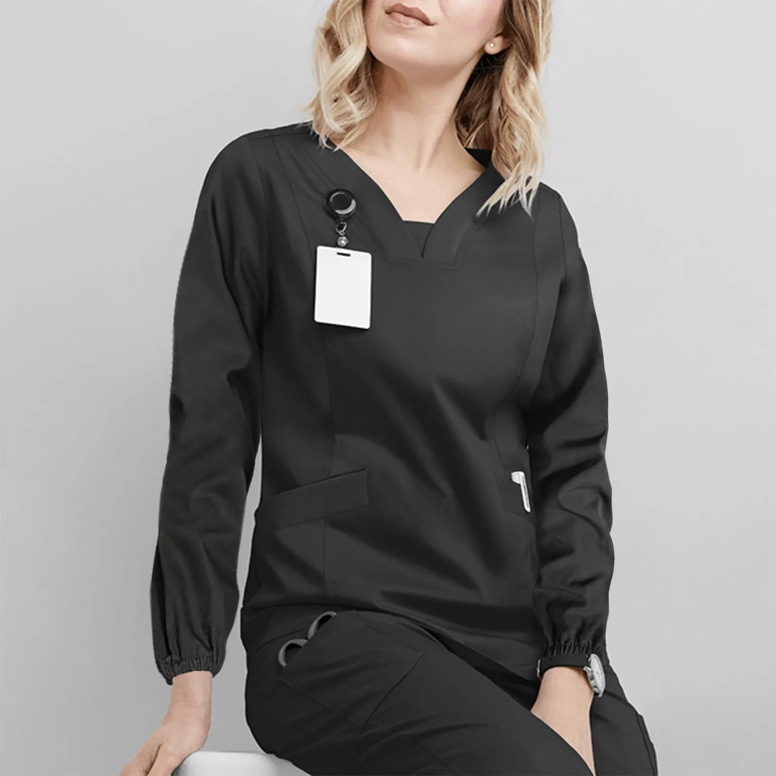 

Black Nurse Scrubs Workers Short Sleeve Underscru Pocket Women'S Working Uniform Nursing Solid V-Neck Blouse Healthcare Blusas