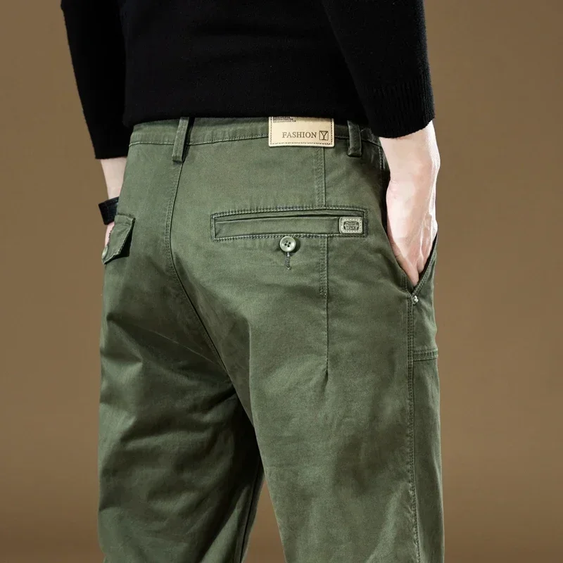 

2023 New High Quality Cargo Casual Pants Men 97%Cotton Work Wear Korean Wide Jogger Khaki Green Brand Outdoors Trousers Male