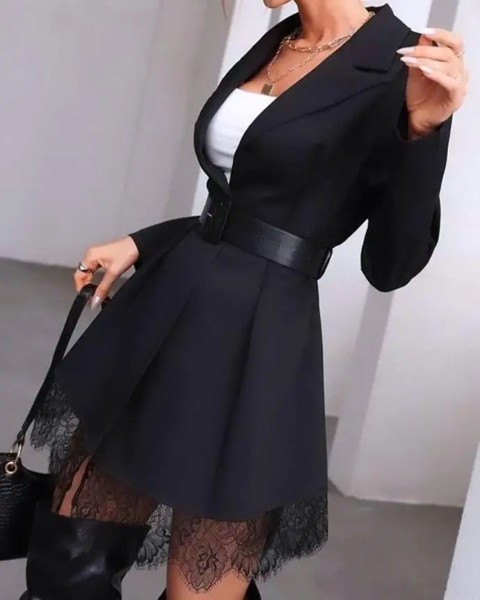 

Sexy Elegant Blazer Dresses for Women 2024 Spring Autumn Notched Collar Lace Trim Ruched Long Sleeve Blazer Dress Without Belt