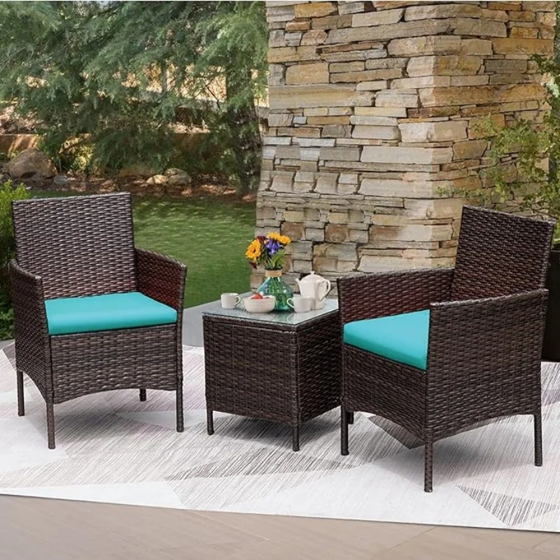 3 pcs Patio Cushioned Rattan Converstaion Set With Glass Table Top Humanized Design All-weather Furniture Set for Outdoor Life