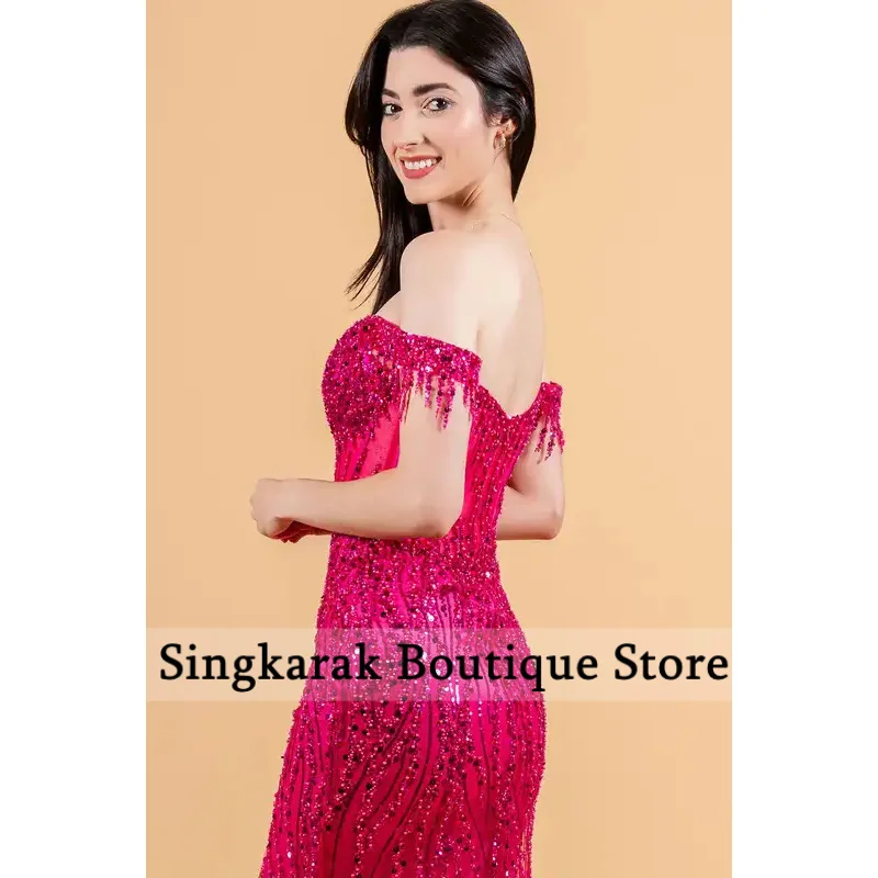 Vestidos de fiesta con cuentas y hombros descubiertos, sirena roja personalizada, abertura lateral, largo hasta el suelo, vestido de graduación con lentejuelas