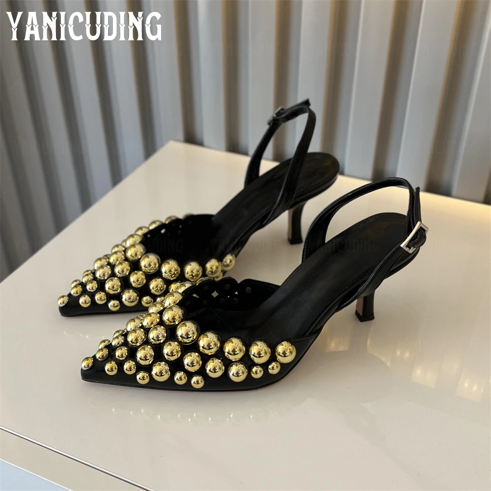 Metallic Beaded Hollow Pumps Back Buckle Pointed Stilettos Customizable Multicolor Leather High Heels for Women Handmade Pumps
