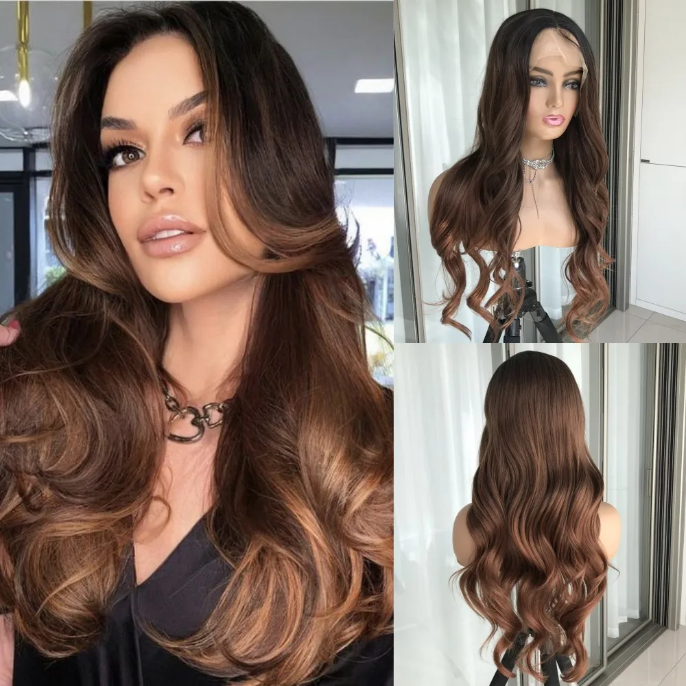 Long Wavy Lace Front Wig Reddish Brown Synthetic Lace Wig for Women 13x4 Body Wave Lace Frontal Wig with Baby Hair Daily Use